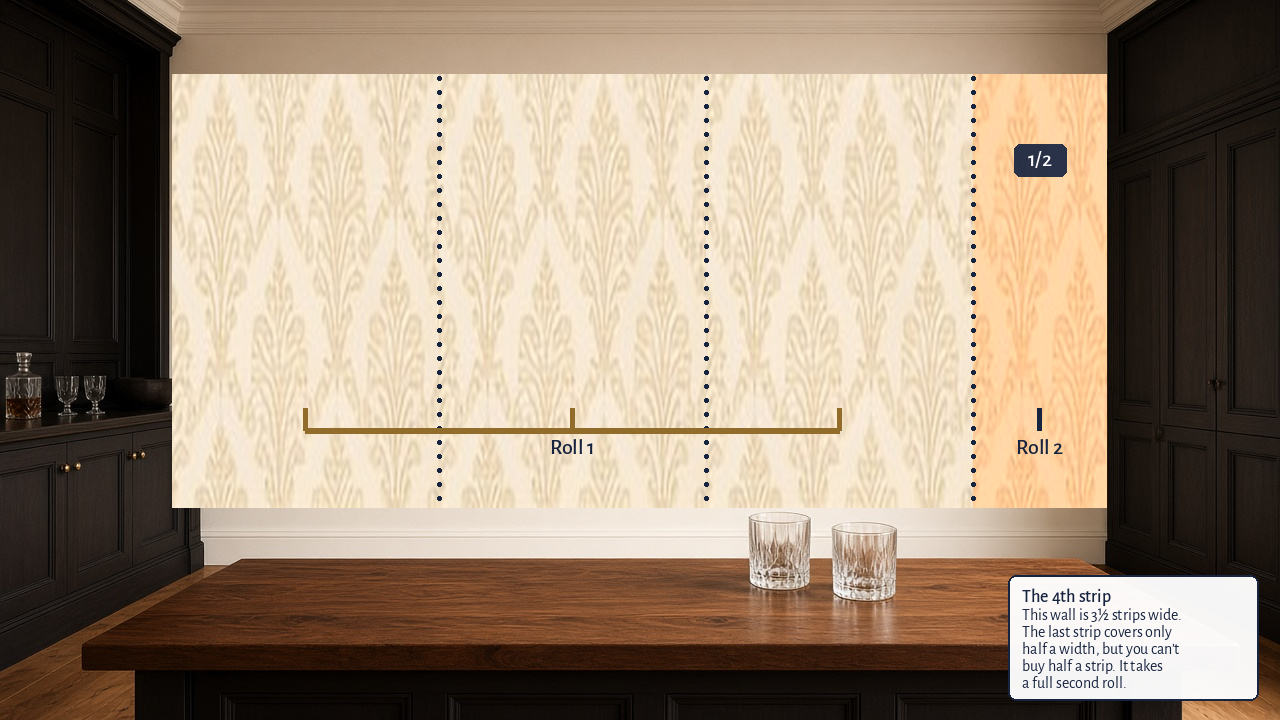 Cocktail-bar accent wall. Only dotted vertical lines are seams. The wall is 3½ strips wide and takes 4 strips. Roll 1 is three full strips. The fourth strip covers half a width, marked 1/2, and is Roll 2.