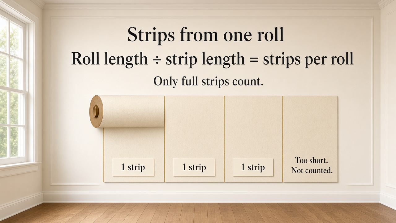 Strips from one roll. Roll length divided by strip length equals strips per roll. Only full strips count. Three strips are counted. The short end is labeled too short and is not counted.